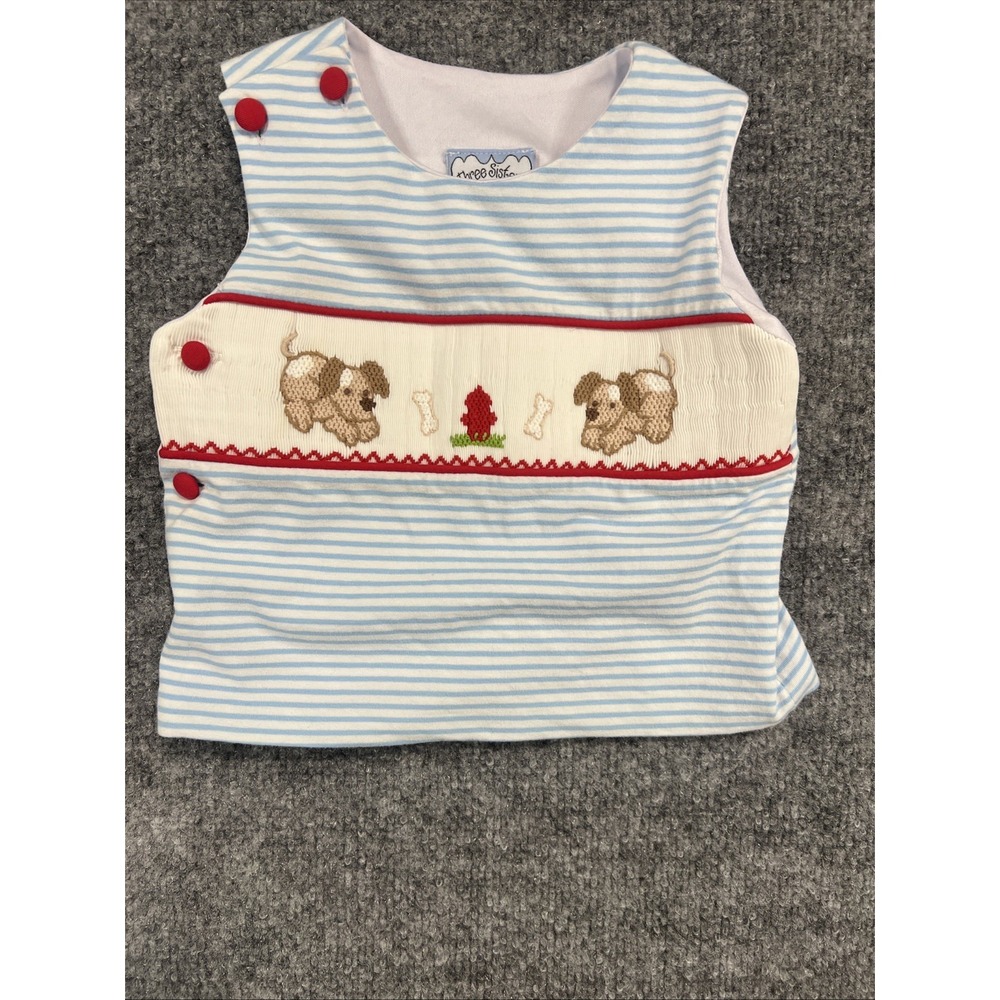 Three Sisters 9M Smocked Blue Stripe Puppy Dog Diaper Shirt TOP ONLY